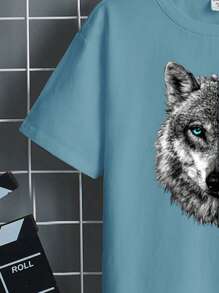 SHEIN Áo thun tay ngắn cổ tròn thường ngày cho bé trai tuổi mới lớn, phù hợp cho mùa hè - Màu xanh nhạt - Xem 3