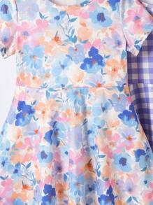 SHEIN 2 件套年轻女孩休闲彩虹心形图案短袖连衣裙，夏季 - 彩色 - 查看 3