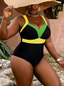Slaydiva Plus Size Women Contrast Color Casual One Piece Swimsuit For Summer Beach Vacation - Yellow - View 6