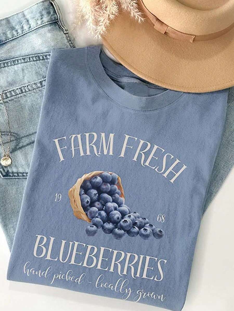 INAWLY Women Letter & Blueberry Print Round Neck Short Sleeve Casual T-Shirt - Dusty Blue - View 1