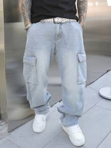 Manfinity EMRG Men's Casual Washed Straight Leg Cargo Jeans - Light Wash - View 1