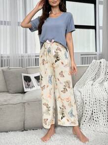 Contrast Floral Bow Tied Crop Top & Long Pants Pajama Set - Multicolor - View 3