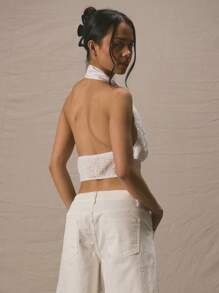 MUSERA 垂褶露背吊带无袖上衣，春夏可爱度假风，90年代优雅假日款 - 白色 - 查看 3