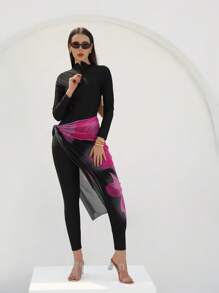 Swim Shayni 3pcs Women Summer Beach Outfits: Zipper Front Long Sleeve Swimsuit Top, Bottoms And Patterned Beach Dress Cover Up, Modest Resort Bikini Set - Black - View 7