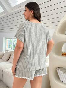 SHEIN Ribbed Contrast Lace Batwing Sleeve Plus Size Lounge Pajama Set For Women Short Sets, Outfits - Apricot - View 2