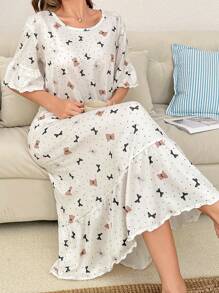 SHEIN Ruffle Trim Short Sleeve Sweet Bear & Bow Print Long Nightgown Babydoll Bowknot, Moo Moo - Beige - View 1