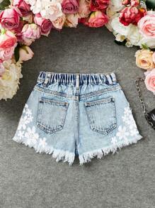 SHEIN Tween Girls Summer Boho Floral Appliques Contrast Lace Raw Hem Denim Jeans Shorts With Slant Pocket,Girls Summer Vacation Shorts Outfits