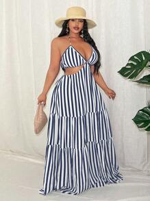 Slaydiva 大码系带露背条纹镂空休闲连衣裙