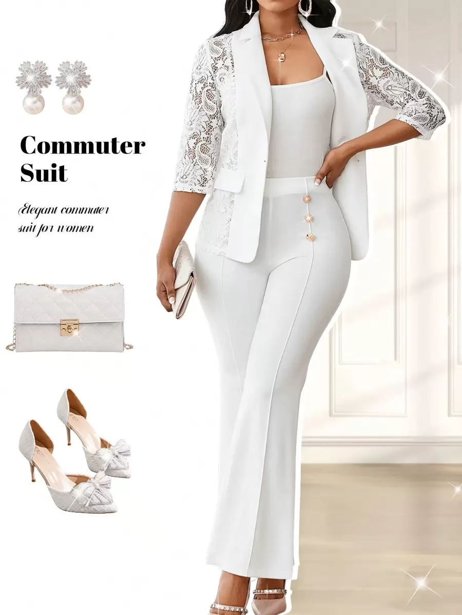 Fleurora 秋冬季秋季衣服优雅女士白色女裤女士纯色金属纽扣装饰优雅九分裤秋季女装 - 白色 - 查看 1