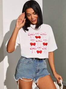 RueChic CASUAL ROUND NECK BOW CHERRY PRINT T SHIRT - White - View 5