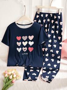 SHEIN Bộ đồ ngủ 2 món in hình trái tim và chữ cho bé gái tuổi teen ngày lễ tình nhân và quần ngắn tay thoải mái - Màu xanh hải quân - Xem 3