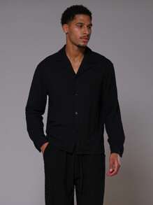 Musero 纹理领长袖 V 领衬衫春夏 - 黑色 - 查看 1