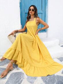 Vivid Eden 女士纯色针织连衣裙 女士春季服装 Fairycore 婚礼宾客礼服 女士海滩服装 露肩热带度假女士服装 - 黃色 - 查看 3