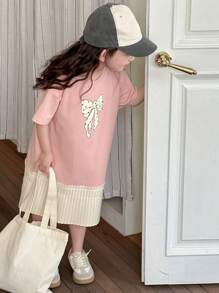 Dazy Kids Young Girls Bow Print Patchwork Short Sleeve Crew Neck Dress, Spring & Summer - Pink - View 5