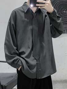 Manfinity Hypemode Loose Fit Men's Solid Color Drop Shoulder Shirt, Without Tie - Grey - View 3