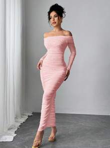 Firerie 女士优雅白色露肩珍珠装饰褶饰修身长裙，适合派对、约会或情人节的浪漫装扮 - 粉色 - 查看 5