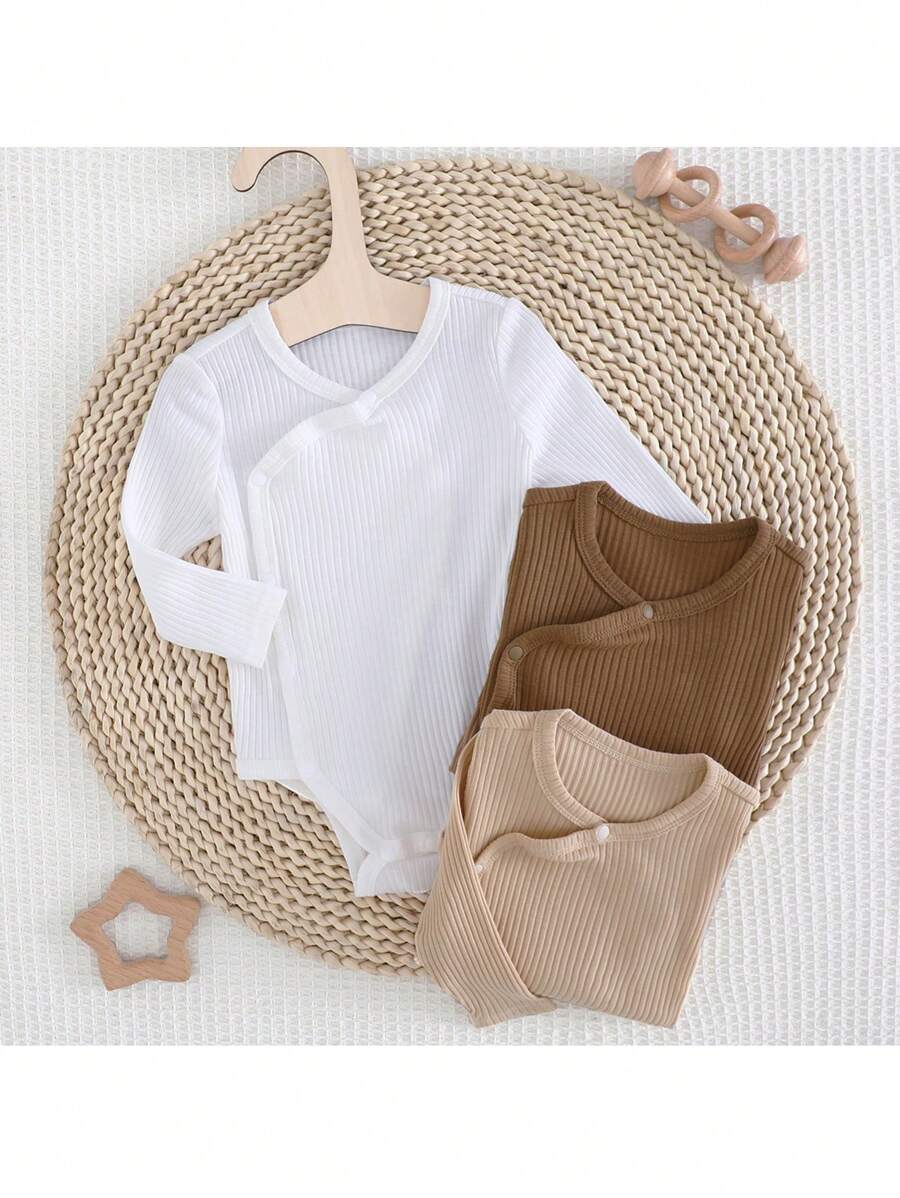 Loomiva Newborn Baby 3pcs Ribbed Knit Bodysuit - Khaki - View 1