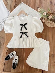 SHEIN 2pcs/Set Tween Girls Woven Textured Round Neck Bow Decor Casual Short Sleeve Cropped Top And Bow Shorts Set, Back To School, Casual Vacation, Daily Wear