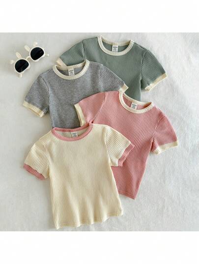 Loomiva 4pcs/Set Baby Girl Cute Solid Color Knitted Soft Round Neck Short Sleeve Top