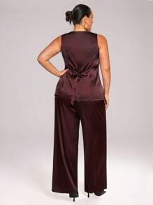SHEIN BAE Plus Size Women High-Street Purple Red Satin Blazer Vest Top, Wide Leg High Waist Loose Pants, 2pcs Set Suitable For Everyday, Night Out, Date, Party, Afternoon Tea, Concert