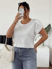 SHEIN Frenchy Plus Size Women Solid Color Round Neck Ruffle Sleeve Casual T-Shirt - White - View 3