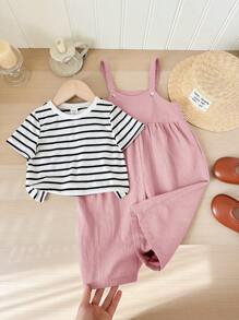 Baby Girl Striped Short Sleeve Top And Overall Jumpsuit, Spring/Summer Outfit