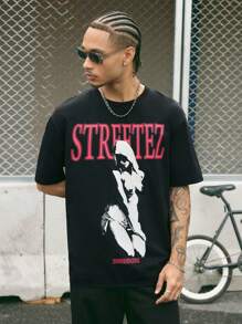 Manfinity NXTstreet Camiseta de manga corta informal para hombres con estampado de figura y letra, para primavera/verano - Negro - Ver 2
