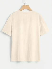 SHEIN LUNE 大码女式夏季可爱饮料字母印花圆领短袖休闲 T 恤上衣 - 杏色 - 查看 2