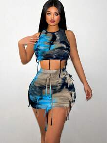 Zolique Tie Dye Fringe Design Slim Fit Vest And Skirt Set For New Year Clothes - Multicolor - View 3