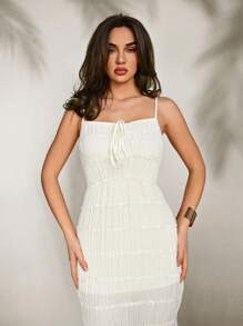 Aloruh 女士优雅纯色纹理超长吊带裙 - 白色 - 查看 5