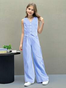 SHEIN Leap Crew 2pcs Tween Girls Casual & Comfortable V-Neck Sleeveless Top & Pants Set - Blue - View 4