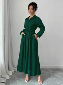 Elenzga Women's Solid Color Long Sleeve Single-Breasted Long Casual Shirt Dress With Pockets, Autumn Fall Maxi Women Outfit