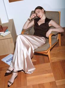 Uhlyne 女士针织纯色盖袖 V 领褶皱不对称衬衫