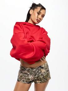 SUMWON WOMEN Oversized Cropped Hoodie Sweatshirt Casual Pullover Athletic Workout Loungewear Drawstring Hood Winter Fall Streetwear Athleisure Fashion - Red - View 5