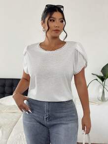 SHEIN Frenchy Plus Size Women Solid Color Round Neck Ruffle Sleeve Casual T-Shirt - White - View 5