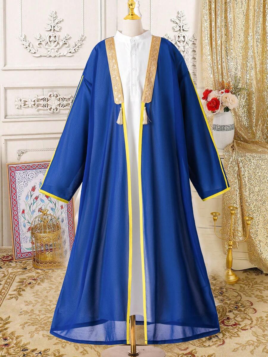 2pcs Set Teen Boys Golden Embroidery Splice Blue Chiffon Long Robe, Drop Shoulder Long Outerwear, White Stand Collar Long Sleeve Long Robe, Robe Set - Multicolor - View 1