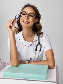 Scrubzie White Lab Coat Plain Color Patchwork Short Sleeve Top And Long Pants Nursing Uniform Set Women Scrubs For Women Women Scrub Sets Nurse Scrub Sets Women Scrub Sets For Women Essential Jogger Scrub Set Nursing Uniform Stretch V-Neck Top & Drawstring Cargo Pants Notch V-Neck Tuck In Top & Drawstring Straight Leg Pants - White - View 3