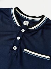 SHEIN Áo thun polo cổ bẻ rộng rãi, thoải mái, dành cho bé trai tuổi mới lớn - Màu xanh lam - Xem 3