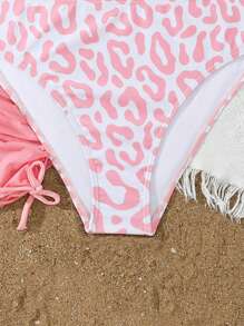 SHEIN Conjunto de traje de baño para adolescentes que incluye parte superior de bikini con tirantes cruzados y tiras finas, Bottom con estampado de leopardo, y una envoltura con pliegues a los lados - Rosa - Ver 4