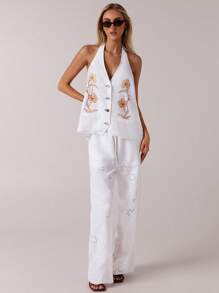 SHEIN Forever 21 Women Spring Casual Simplistic Backless Deep V Floral White Linen Vest Top