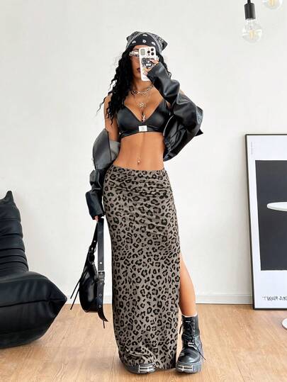 Coolane Falda larga con abertura y drapeado con estampado de leopardo, sexy y de estilo urbano, ideal para festivales de música en verano