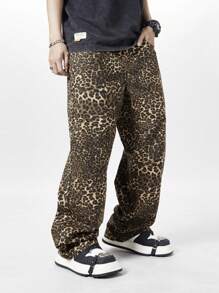 Manfinity EMRG Men's Pockets Straight Loose Leopard Print Jeans Pants - Multicolor - View 3