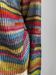 Chiquease Women Rainbow Striped Asymmetrical Gradient Rib-Knit Texture Print Long Sleeve Crew Neck Sweater - Multicolor - View 4