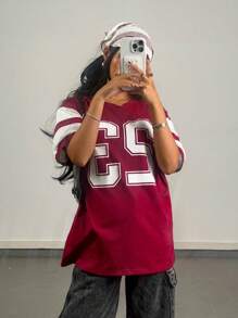 SHEIN Tween Girls Spring/Summer Casual Round Neck Raglan Sleeve Splicing 91 Graphic Tee Graphic Tees - Burgundy - View 1