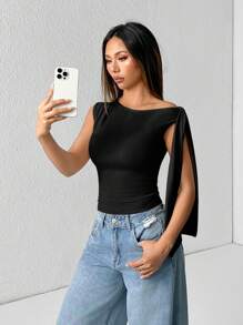 SHEIN PETITE Casual Solid Color Halter Neck Tie Up Cami Top For Summer - Black - View 4