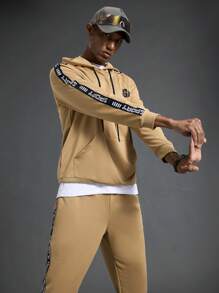 Manfinity Sport Corelite Men's Color-Block Letter Print Drawstring Hooded Sweatshirt & Sweatpants Sports Suit
