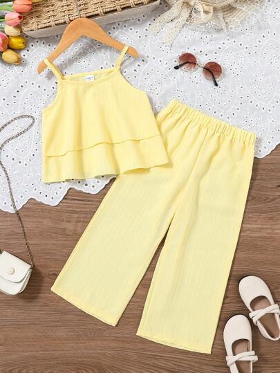 SHEIN Vintaside Kids 2pcs/Set Young Girl Fashion Ruffle Strap Top And Long Pants Set, Comfortable For Summer Holiday