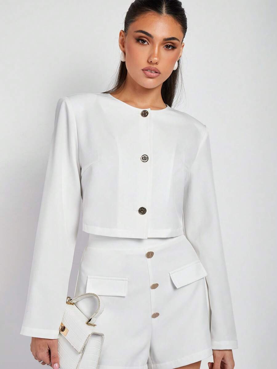 COSMINA Women Metal Detailing Elegant White Jacket, Spring/Summer - White - View 1