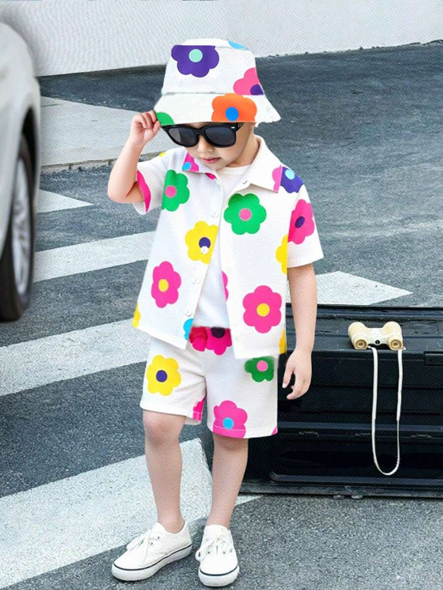 SHEIN 2 件套年轻男孩休闲花卉印花衬衫、短裤和帽子套装，简约风格，适合夏季、度假、出游、假日、旅行、放松、日光浴 - 白色 - 查看 1