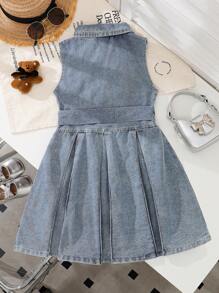 Elladie kids Đầm denim không tay cho bé gái, Đầm công chúa denim giản dị có túi cổ áo sơ mi thời trang cho bé gái, Đầm mùa xuân thích hợp cho các buổi đi chơi hoặc tiệc tùng - Màu xanh nhạt - Xem 2
